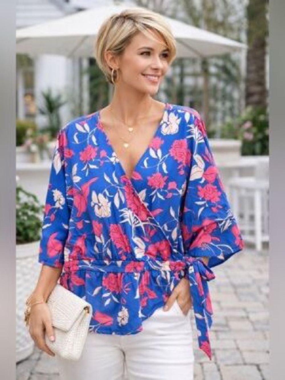 Marc New York Andrew Marc Floral Tie Waist Blouse Blue Pink Size XL